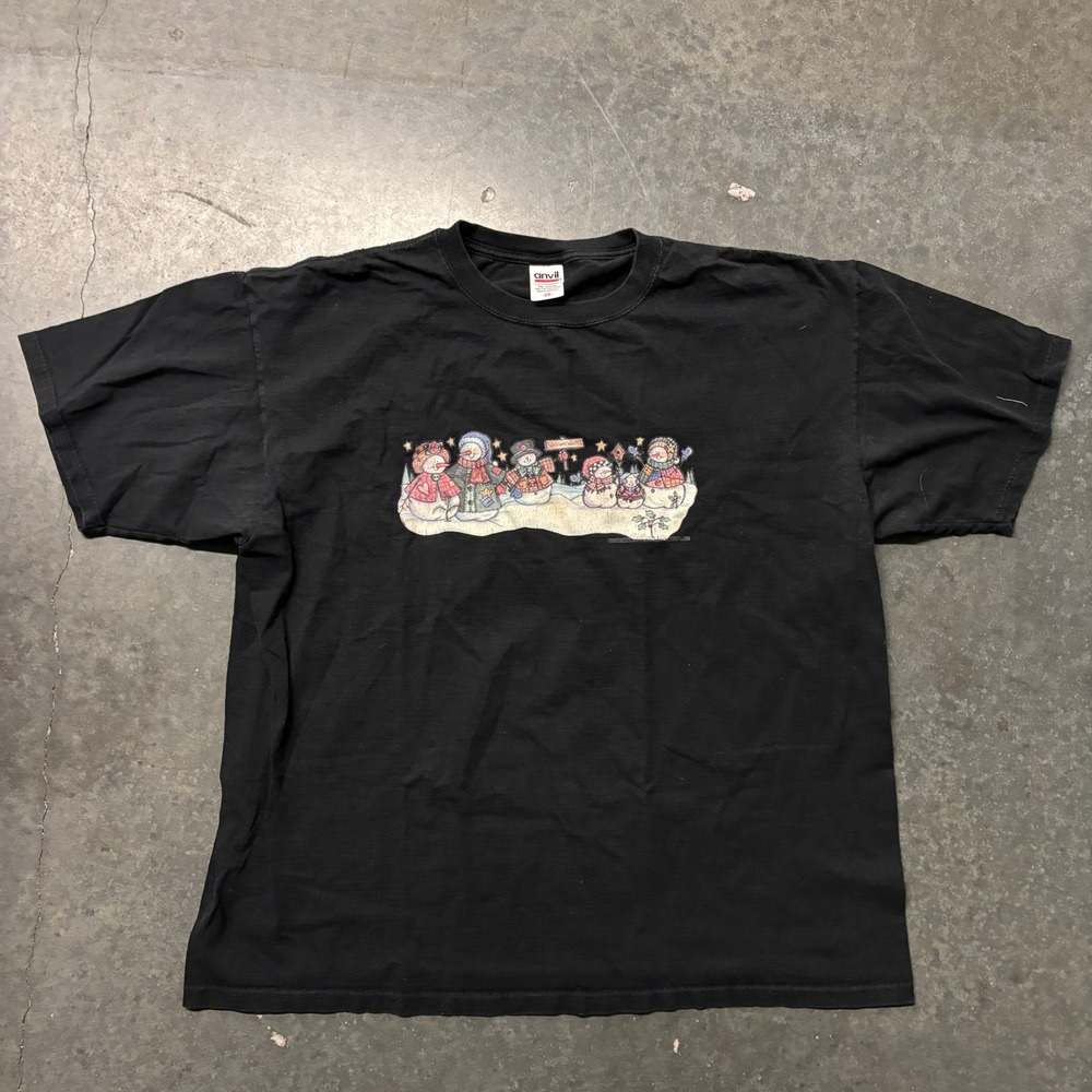 Vintage Anvil Snowman Welcome Winter Graphic T-Shirt Black 2XL Holiday Cotton